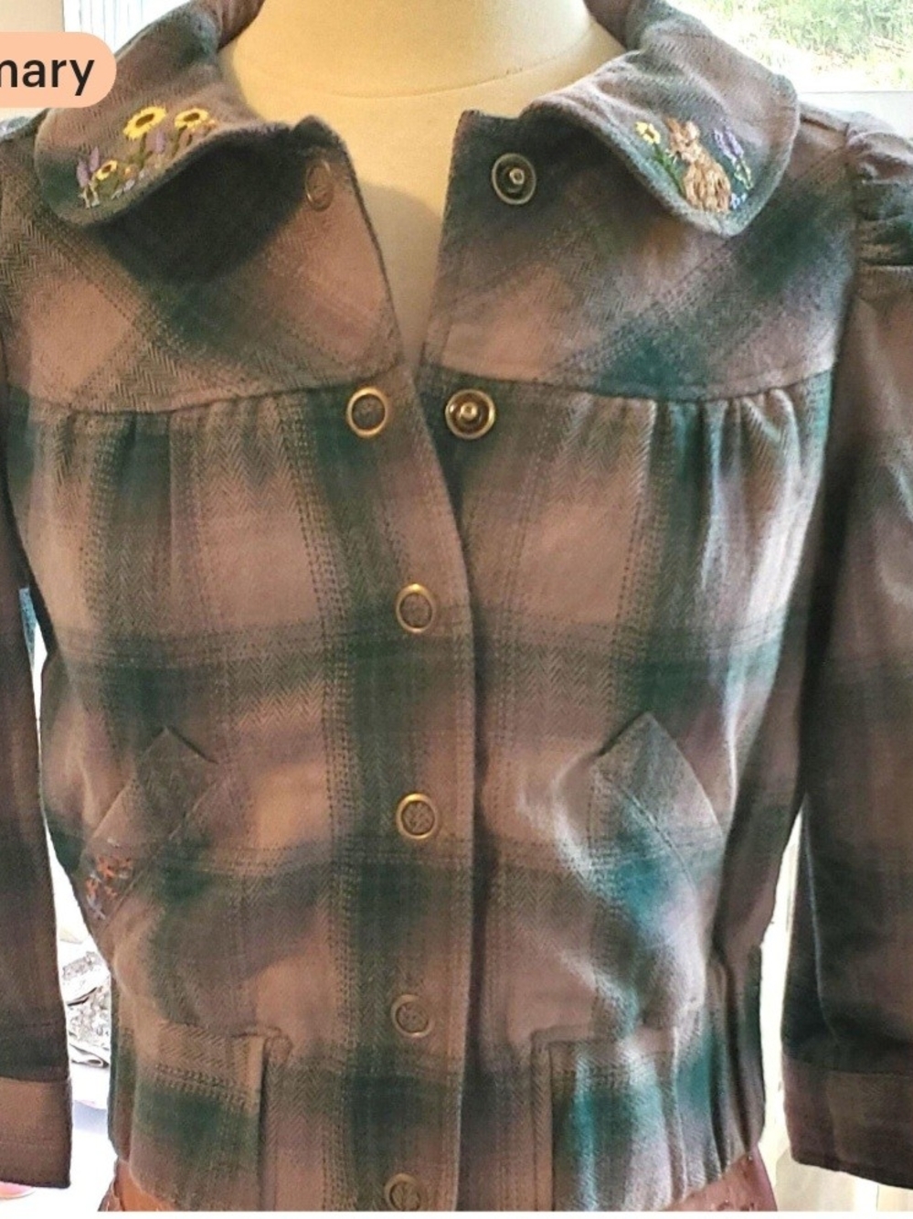 Decree Plaid Embroidered Collar Jacket - Green & Gray Plaid